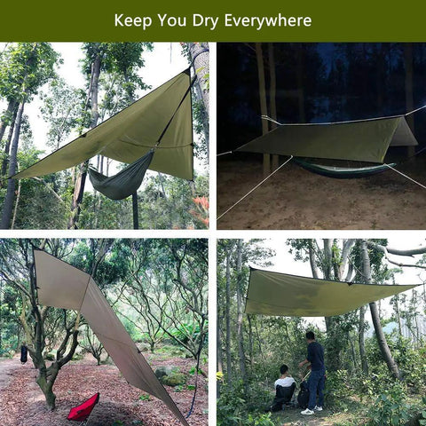 All In One Camping Hammock Kit With Rain Fly Tarp Netting And Go To Gear Waterproof Bundle set up in forest.