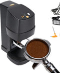 Top Pick Automatic Coffee Tamper With Smart Dial Pressure Control And Adjustable Stand For Espresso Shots and home barista workflows, with coffee grounds in portafilter.