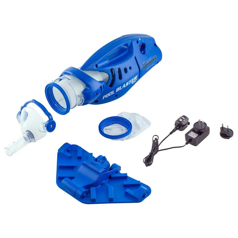 Max CG Cordless Pool Vacuum For Commercial Grade Cleaning And Heavy Duty Power Handheld Rechargeable Swimming Pool Cleaner For Inground And Above Ground Pools With Hoseless Design tools including charger and attachments on white background.