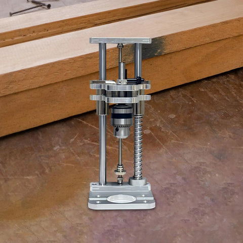 Vertical Drill Guide Attachment for Drill Press Stand, Heavy Duty Steel Construction, on wooden surface in workshop
