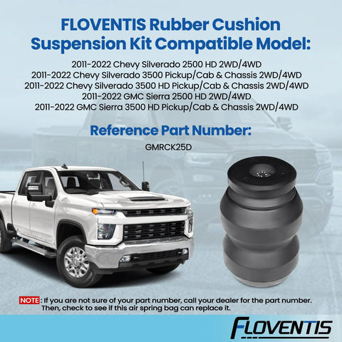 Front view of FLOVENTIS two-piece rubber cushion suspension kit for 2011–2022 GM Silverado/Sierra; gray rubber bushing shown