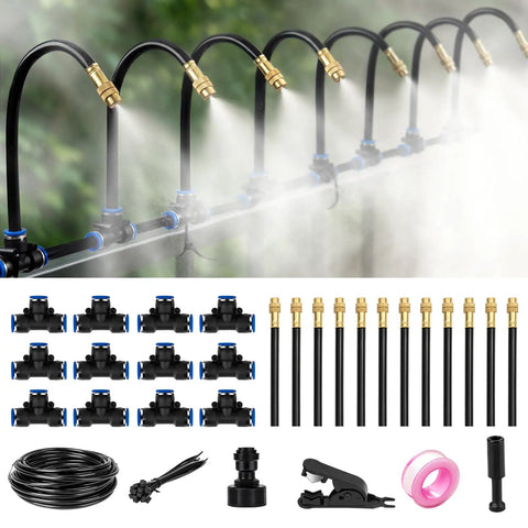 Automatic Garden Watering System With 39Ft Brass Misting Line And 12 Spraying Nozzles, kit layout and components illustrated