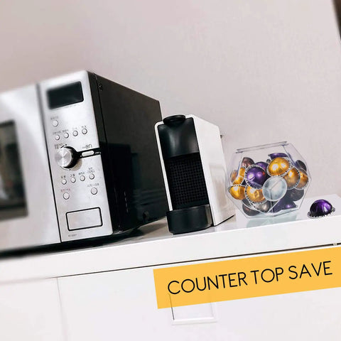 Countertop with Large Capacity 12 Sided Polygon Coffee Pods Holder Go To For Nespresso VertuoLine Capsules beside appliances