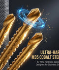 Close-up of M35 cobalt drill bits showcasing ultra-hard steel, designed for stainless steel and durable applications.