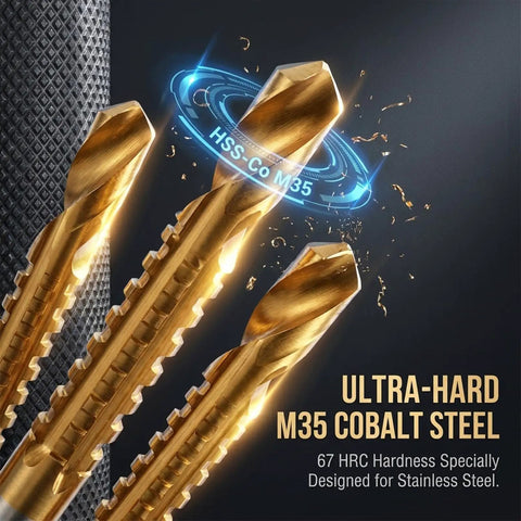 Close-up of M35 cobalt drill bits showcasing ultra-hard steel, designed for stainless steel and durable applications.