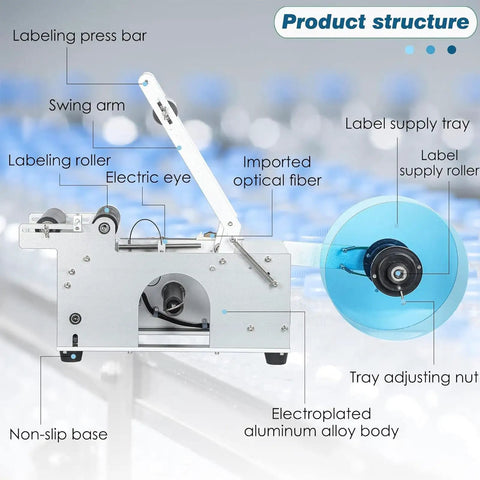 Product structure of Smooth Operator Semi Automatic Round Bottle Labeler with labeling press bar, swing arm, and aluminum alloy body.