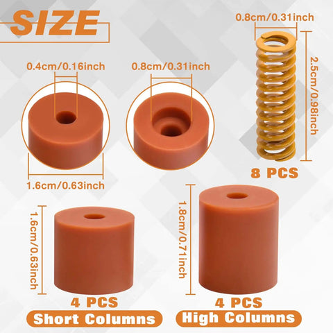3D Printer Heatbed Leveling Kit With Silicone Bed Mounts And Anti Rust Springs, 18mm And 16mm Posts, 16 Pieces diagram
