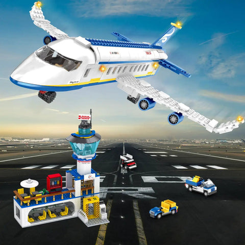 880 Piece City Airport Terminal Building Set, 6 In 1 Airplane Building Blocks Toy with control tower and vehicles