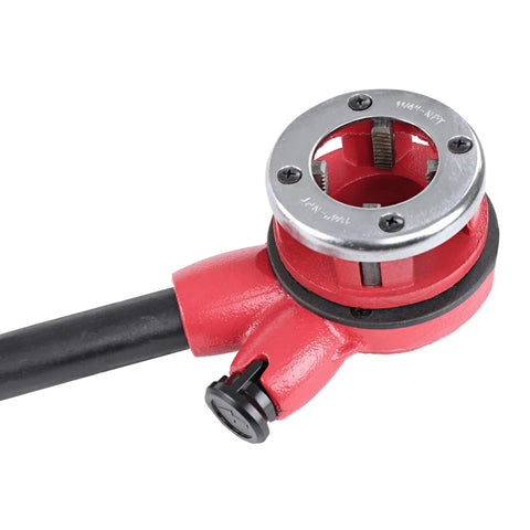Close-up of Ratchet Pipe Threader Kit With Galvanized Steel Dies For Threading Metal And PVC Pipes, handle and die detail visible.