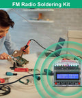 DIY FM Radio Kit With LED Pulse Lights And LCD Display 87 To 108 MHz Soldering Practice Project being assembled by a person