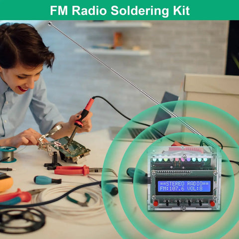 DIY FM Radio Kit With LED Pulse Lights And LCD Display 87 To 108 MHz Soldering Practice Project being assembled by a person