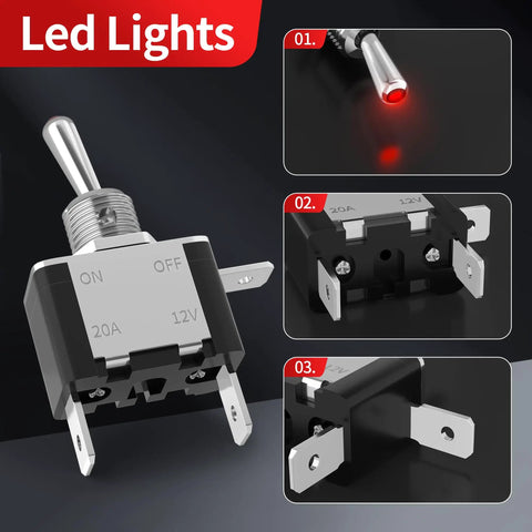 12V DC 20A Lighted Toggle Switch 3 Pin On Off SPST LED Illuminated with Mounting Panel showing LED, wiring, and mounting features