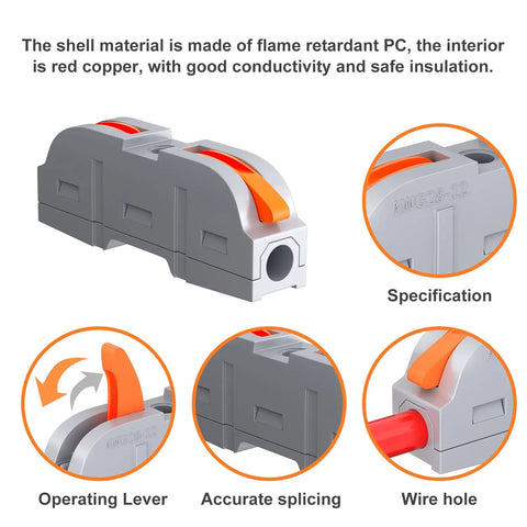 Diagram of 60 Piece Wire Connector Kit For 28-12 AWG Wire Inline Lever Push In Quick Connectors detailing lever and wire hole.