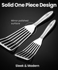 Stainless steel fish spatula set with 2 turners (large and small) and mirror-polished blades, ergonomic handles.