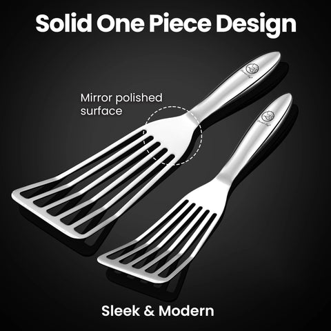 Stainless steel fish spatula set with 2 turners (large and small) and mirror-polished blades, ergonomic handles.