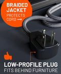 PowerBlitz Surge Protector Power Strip With USB A And USB C Ports, 8 Outlets, featuring braided jacket and low-profile plug.