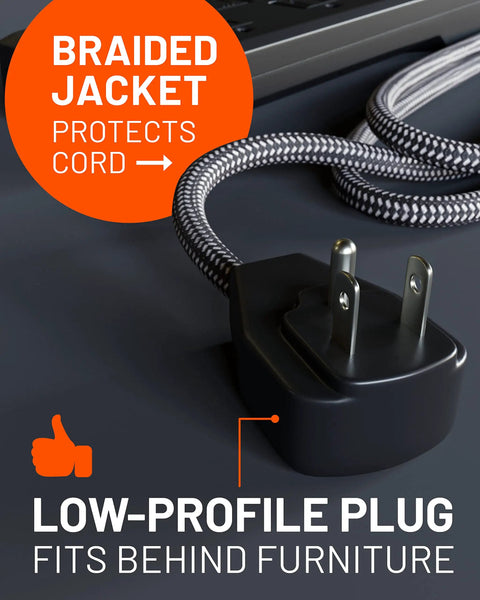 PowerBlitz Surge Protector Power Strip With USB A And USB C Ports, 8 Outlets, featuring braided jacket and low-profile plug.