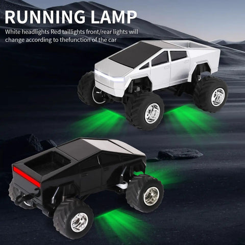 Silver and black Mini 1:64 Scale Monster RC Truck With Lights, Rechargeable Alloy Shell on rocky terrain with green illumination