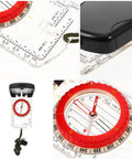 Orienteering Compass With Luminous Mirror And Ruler For Hiking Camping Survival And Backpacking, close-up of dial and ruler.