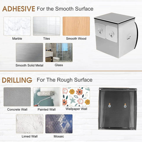Adhesive options for No Drill Stainless Steel Toilet Paper Holder With Shelf And Storage Box Waterproof SUS304 Cat And Dog Proof Self Adhesive Bathroom Organizer Holds Extra Rolls And Your Phone Black Finish shown on smooth surfaces like marble and tiles.