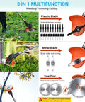 Cordless Weed Wacker With 21V Power showing plastic, metal, and saw disc blades for grass and yard maintenance
