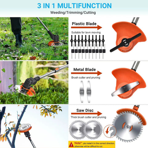 Cordless Weed Wacker With 21V Power showing plastic, metal, and saw disc blades for grass and yard maintenance