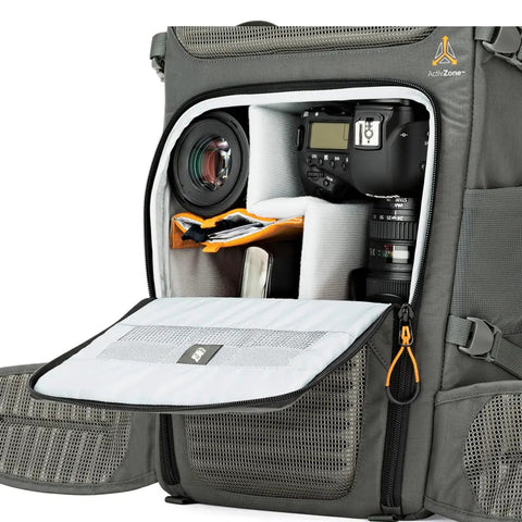 Flipside Trek BP 450 AW Camera Backpack with quick access gear compartment, showing camera equipment storage in grey and dark green.
