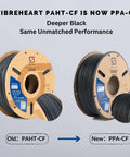 Fibreheart PPA-CF Carbon Fiber Nylon 3D Filament spools showing old PAHT-CF and new PPA-CF for high-temp performance, 1kg black.