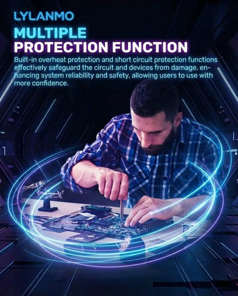 A man in a plaid shirt working on an electronic circuit board with glowing protective overlay, demonstrating protection function.