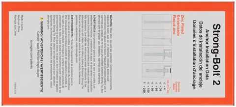 Strong-Bolt 2 Wedge Anchor packaging showing installation diagrams and text details about seismic ratings and installation guide.