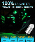 Green Ba9s Led Bulb 12V Bi Polar DC AC Compatible installed in car interior lighting, showcasing brightness and 360° coverage.