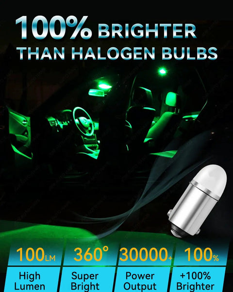 Green Ba9s Led Bulb 12V Bi Polar DC AC Compatible installed in car interior lighting, showcasing brightness and 360° coverage.