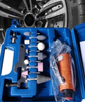 Hardcore Aluminum Air Die Grinder 16 Piece Pneumatic Power Tool Kit With 3mm And 6mm Quick Swap Collets and grinding bits in blue case.