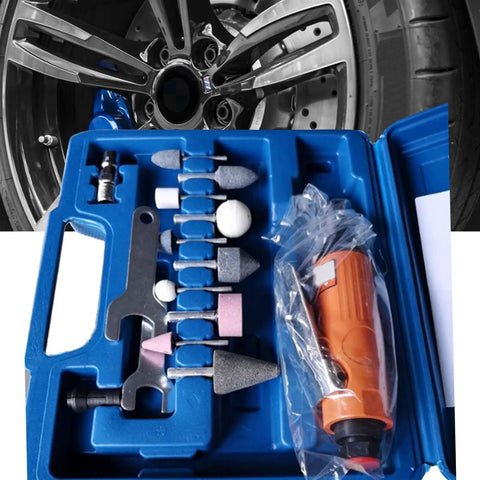 Hardcore Aluminum Air Die Grinder 16 Piece Pneumatic Power Tool Kit With 3mm And 6mm Quick Swap Collets and grinding bits in blue case.