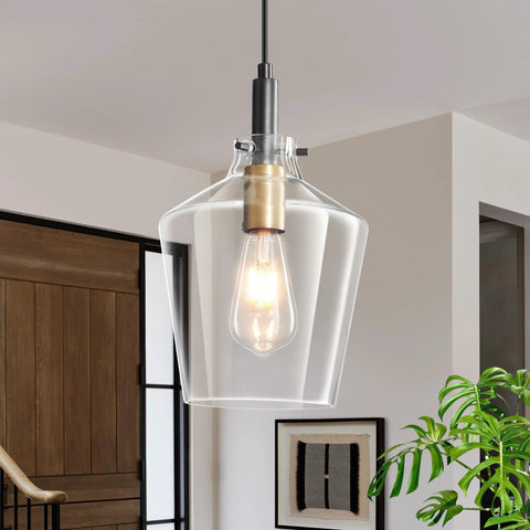 Modern Black And Gold Glass Pendant Light 2 Pack With Adjustable Height Cord For Kitchen Island Clear Round Shade E26 Socket Straight Up Flawless Room Accent; clear glass shade with gold socket.