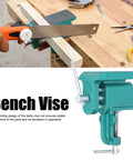 Heavy Duty Iron Bench Vise With Wide Jaw Clamps For Rock Solid Woodworking And Metalworking Holddown Tool in use with saw.