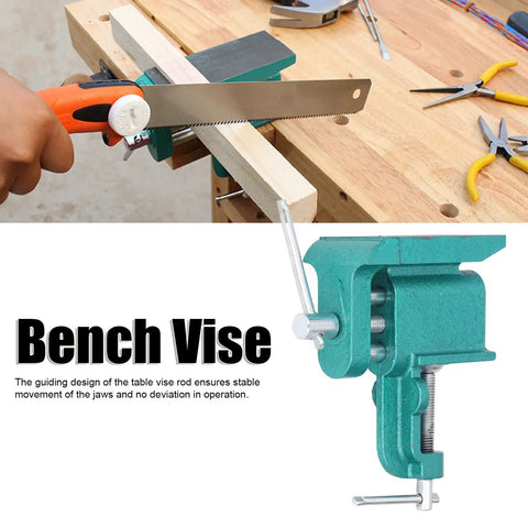 Heavy Duty Iron Bench Vise With Wide Jaw Clamps For Rock Solid Woodworking And Metalworking Holddown Tool in use with saw.