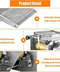 Heavy Duty Commercial Tortilla Press Machine Stainless Steel Electric with conveyor chain and thickness adjustment knob.