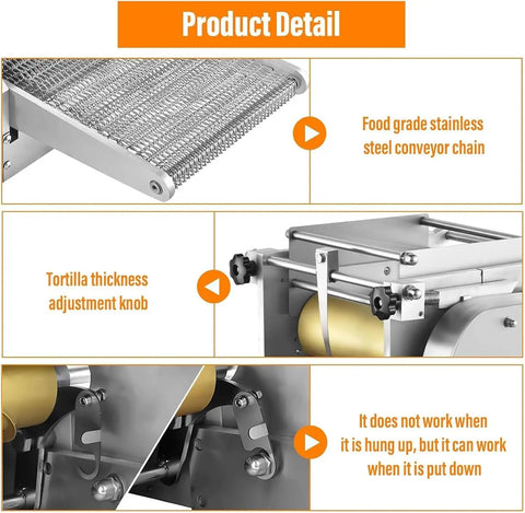 Heavy Duty Commercial Tortilla Press Machine Stainless Steel Electric with conveyor chain and thickness adjustment knob.