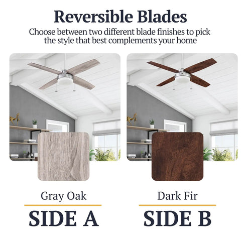 Memphis 52 Inch Contemporary Indoor LED Ceiling Fan with reversible Gray Oak and Dark Fir blades for modern coastal farmhouse vibe.