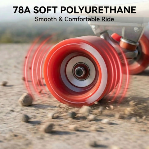90mm 78A Red Electric Skateboard Wheels for Longboards and Cruisers gliding over rough terrain