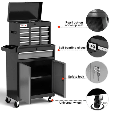 40 Inch Rolling Tool Chest With 7 Drawers And Detachable Top Box Portable Steel Tool Cabinet With Liners Heavy Duty Mobile Storage For Garage Workshop Warehouse Black Finish, open doors and wheels