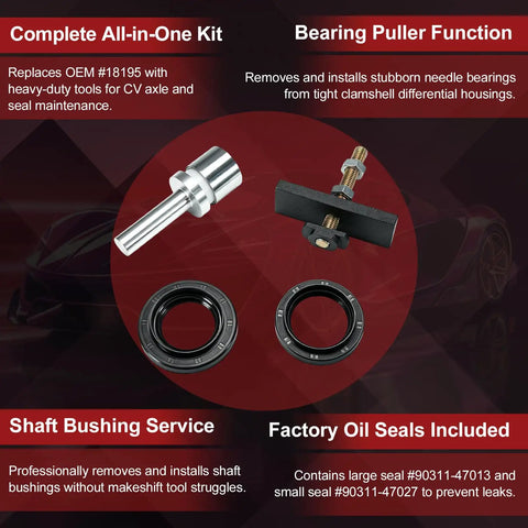Heavy Duty CV Axle Bearing Puller and Seal Kit for Toyota 8 Clamshell Differential Compatible 4Runner 03 18 Tacoma 05 18 FJ Cruiser 07 14 Plus Seals Replaces 18195 90311 47013 90311 47027 Pro Tool for DIY Guys Fixing Your Ride Skip Shops Save Cash. bearing puller, seals, and shaft bushings