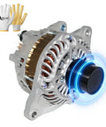 Plug And Play Alternator Replacement For Jeep Compass Patriot Avenger Caliber Sebring 1.8L 2.0L 2.4L L4 Engines Fits 2007 2017 Models And More 4801323AB 4801323AC 4801323AD High Output Automotive Alternator close-up with gloves