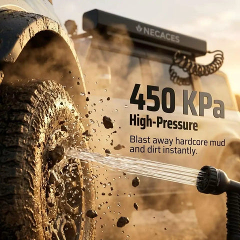9.5 Gallon Pressurized Water Tank With Aluminum Roof Rack Mount spraying high-pressure water cleaning mud from off-road vehicle tire