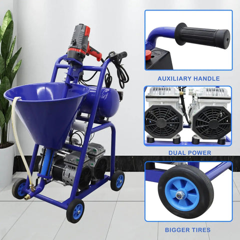 gonana need this badass dual-power polyurethane foam spray machine for waterproof paint put application with 50 liter hopper capacity 220V high pressure atomizer showing machine features and design.