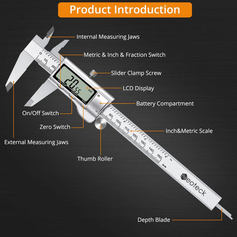 6 Inch Stainless Steel Digital Caliper With Feeler Gauge Set For Inside Outside Depth And Step Measurements, 0.001 Inch Precision, 0 to 6 Inch Range, LCD Display, Easy Read, Handy Machinist Tool For DIY Projects with labeled parts and scale