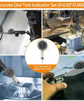 Dial Test Indicator Set With Magnetic Base Stand For Quick No Nonsense Machine Setups And Tight Spaces 0 To 0.03 Inches Of Travel With 0.0005 Inch Precision 3/8 Inch Clamping Hole Brass Finish Black, shown in use on various machining setups