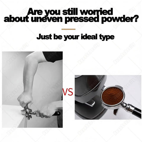 Comparison image showing manual tamping versus using a Slap That Coffee Tight With This Fully Automatic Espresso Tamper Machine.