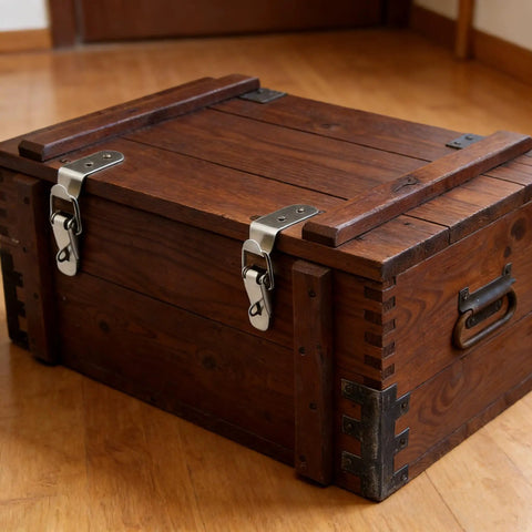 Wooden storage box with 8 Pack Stainless Steel 90 Degree Spring Toggle Latches With Clasp Buckle And Screws For Tool Box Cabinet Case Barn
